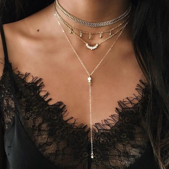 Jewelry - Layered Gold Choker Crystal Rhinestone Necklace